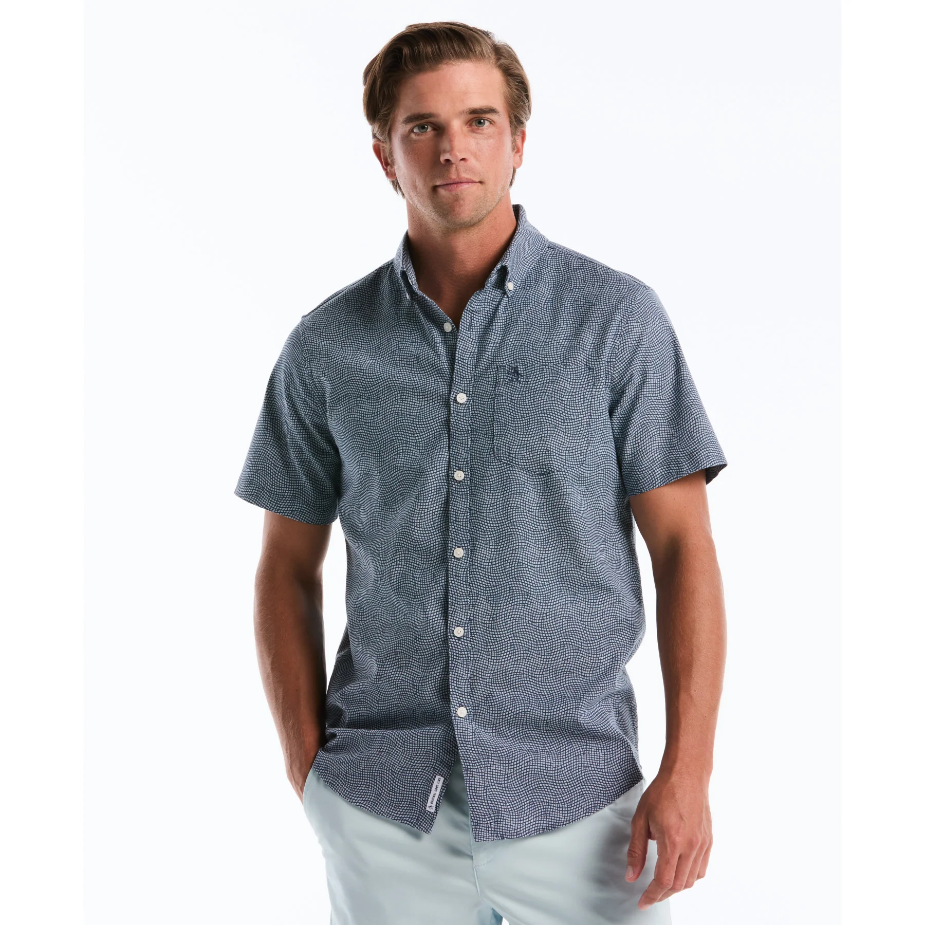 Wavy Grid Print Short Sleeve Shirt In Copen Blue