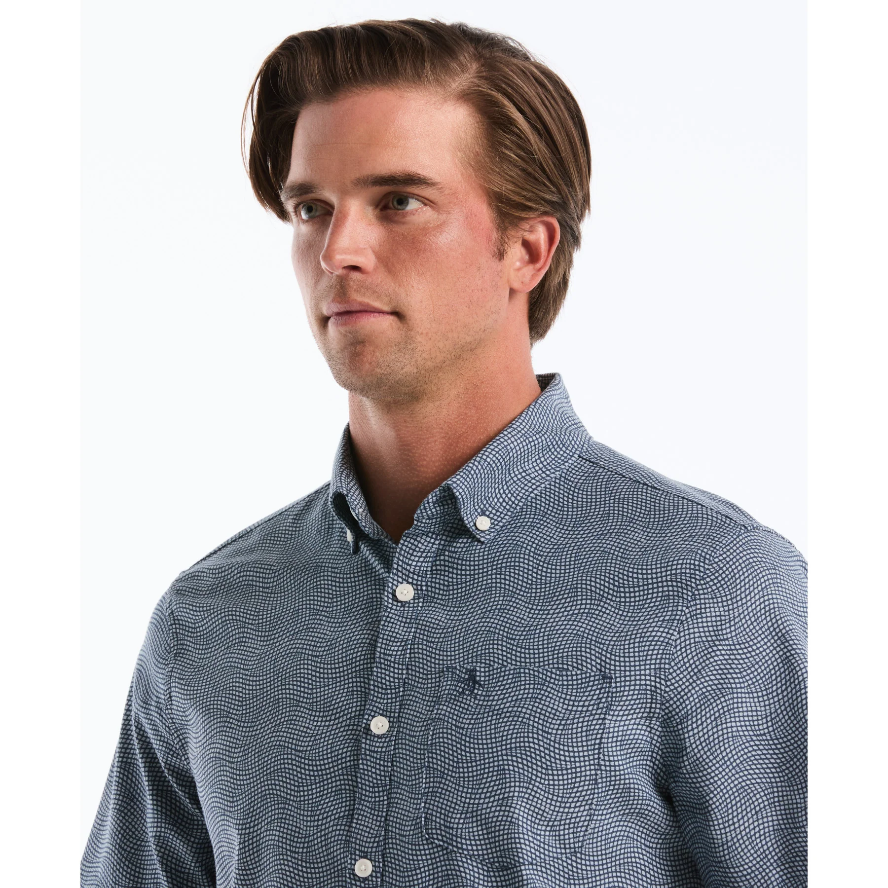 Wavy Grid Print Short Sleeve Shirt In Copen Blue - Image 3