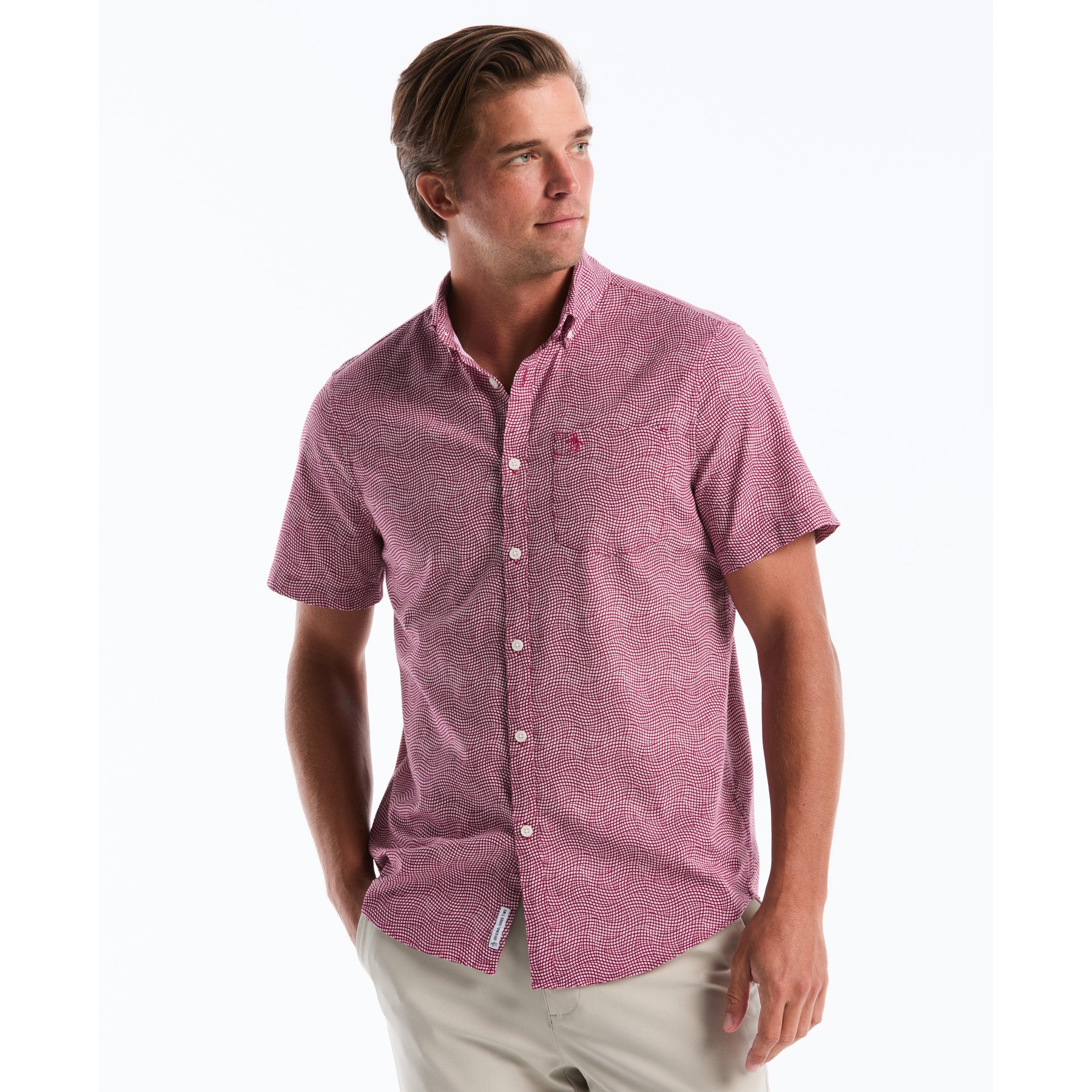 Wavy Grid Print Short Sleeve Shirt In Parfait Pink