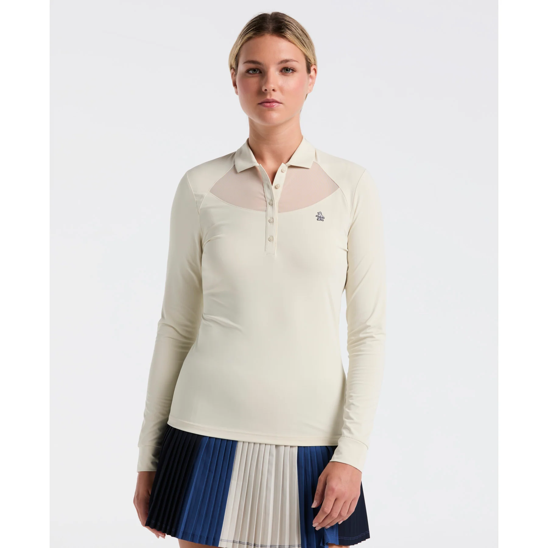 Women's Mesh Yoke Long Sleeve Golf Polo Shirt In Silver Birch
