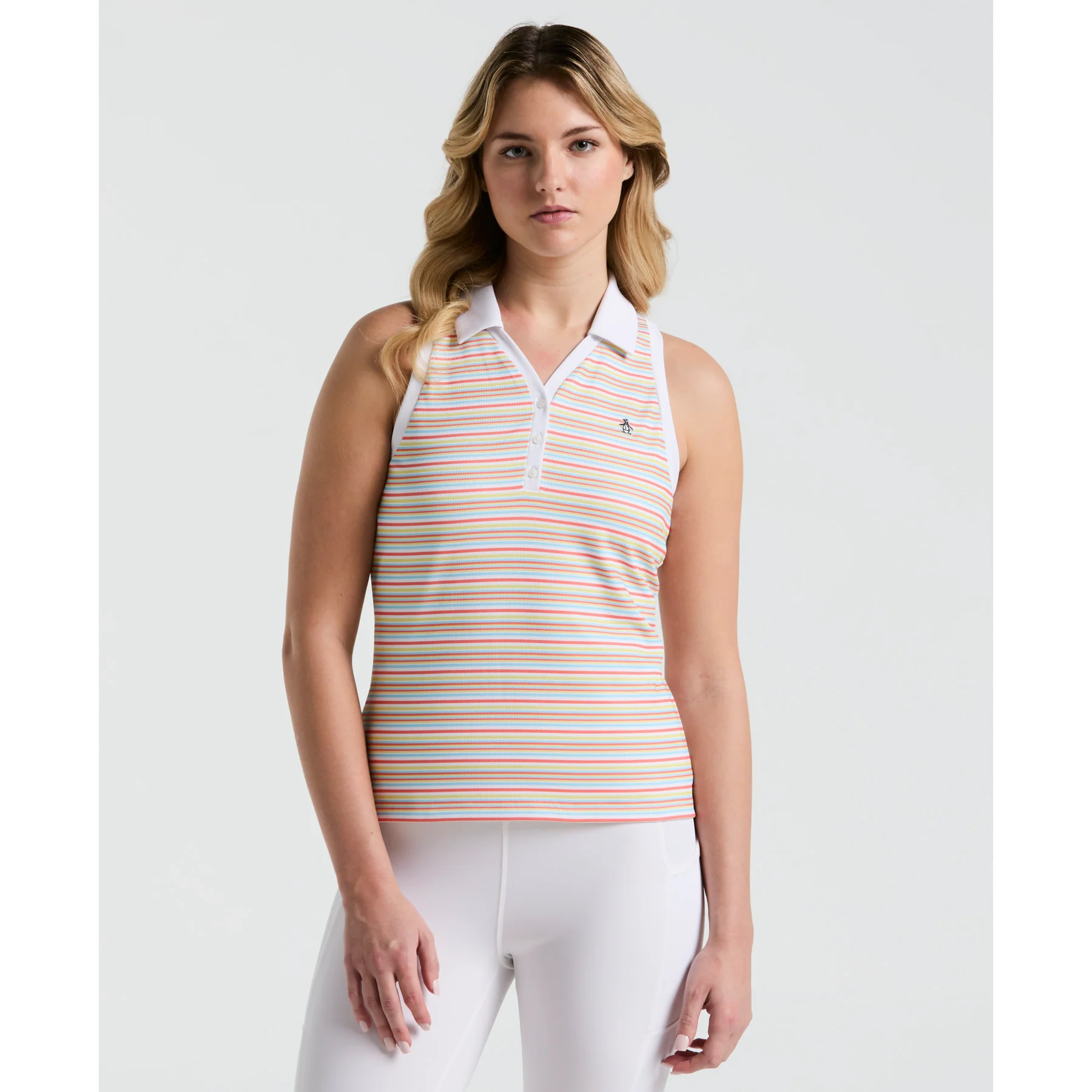 Women's Ribbed Fine Line Striped Sleeveless Golf Polo Shirt In Bright White