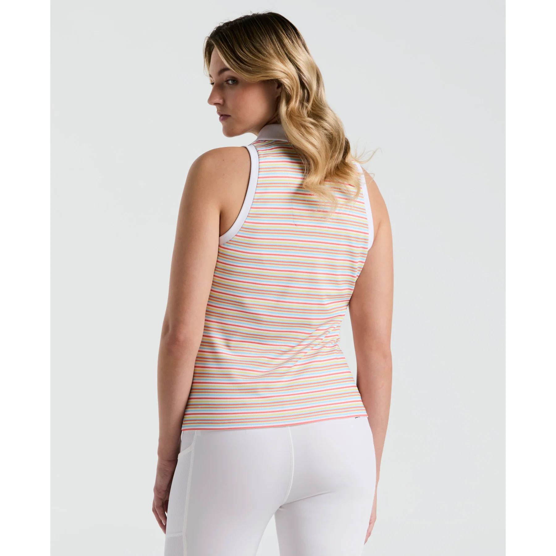 Women's Ribbed Fine Line Striped Sleeveless Golf Polo Shirt In Bright White - Image 2