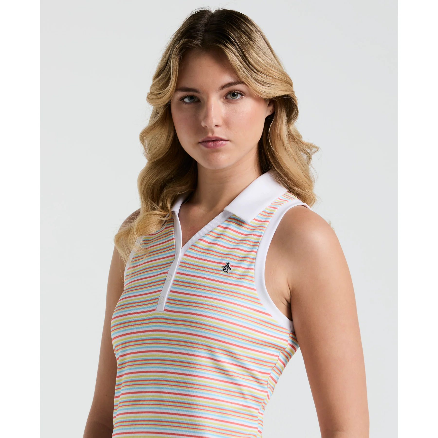 Women's Ribbed Fine Line Striped Sleeveless Golf Polo Shirt In Bright White - Image 3