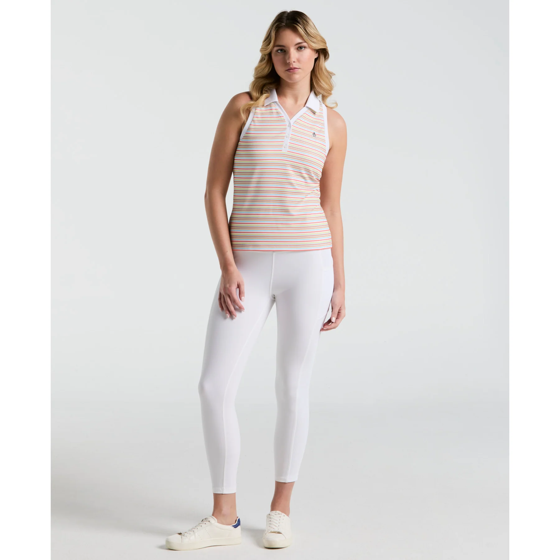 Women's Ribbed Fine Line Striped Sleeveless Golf Polo Shirt In Bright White - Image 4