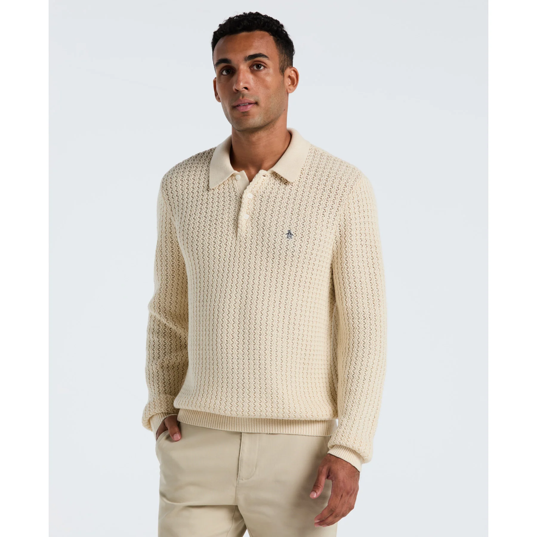 Zigzag Stitch Long Sleeve Sweater Polo In Birch