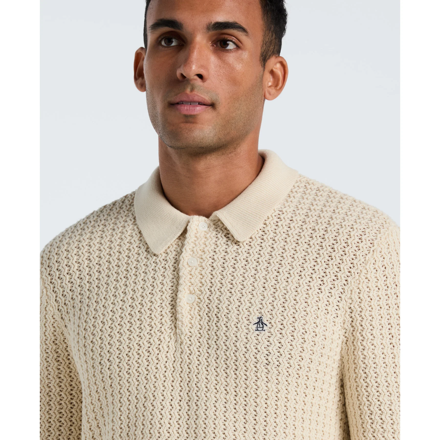 Zigzag Stitch Long Sleeve Sweater Polo In Birch - Image 3