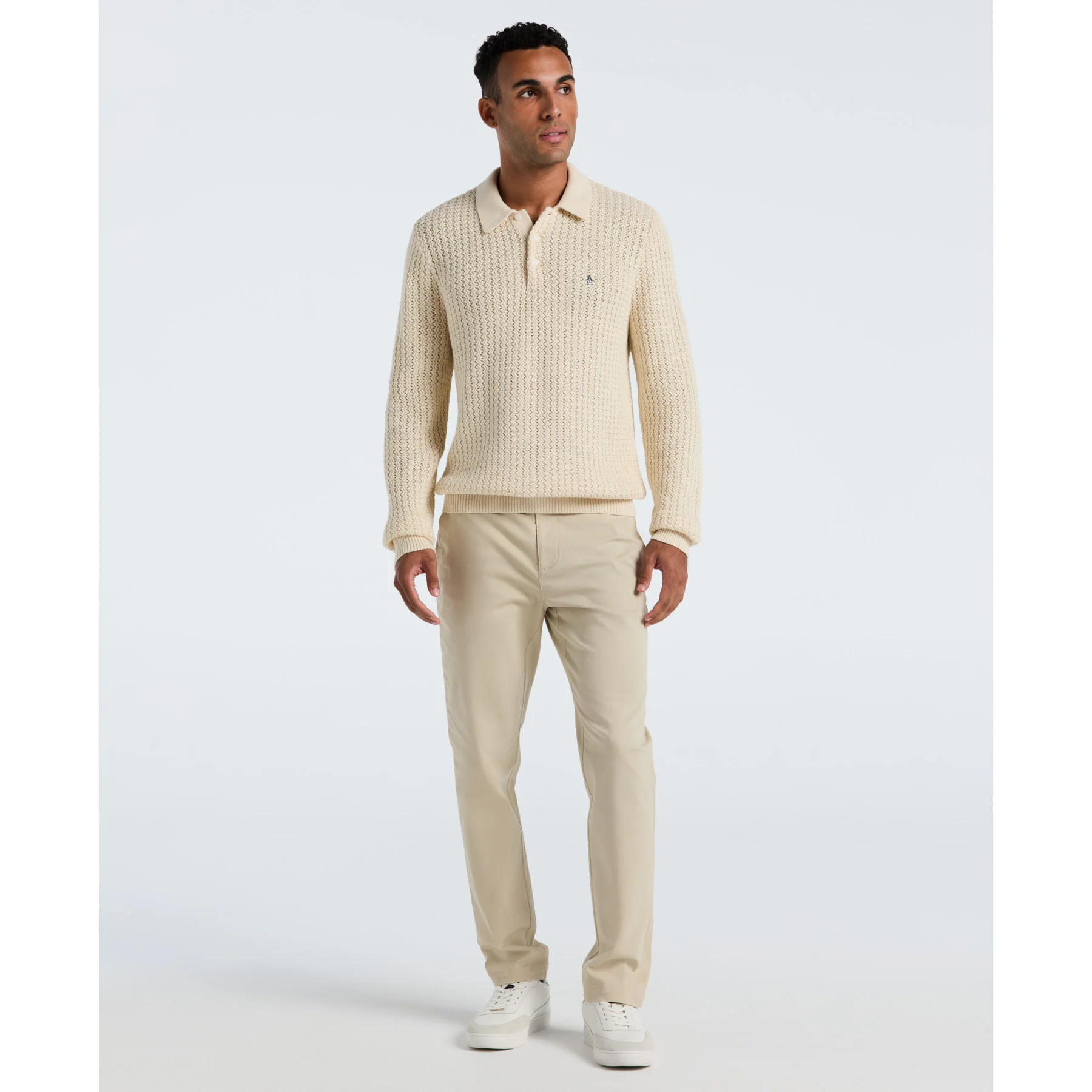 Zigzag Stitch Long Sleeve Sweater Polo In Birch - Image 4