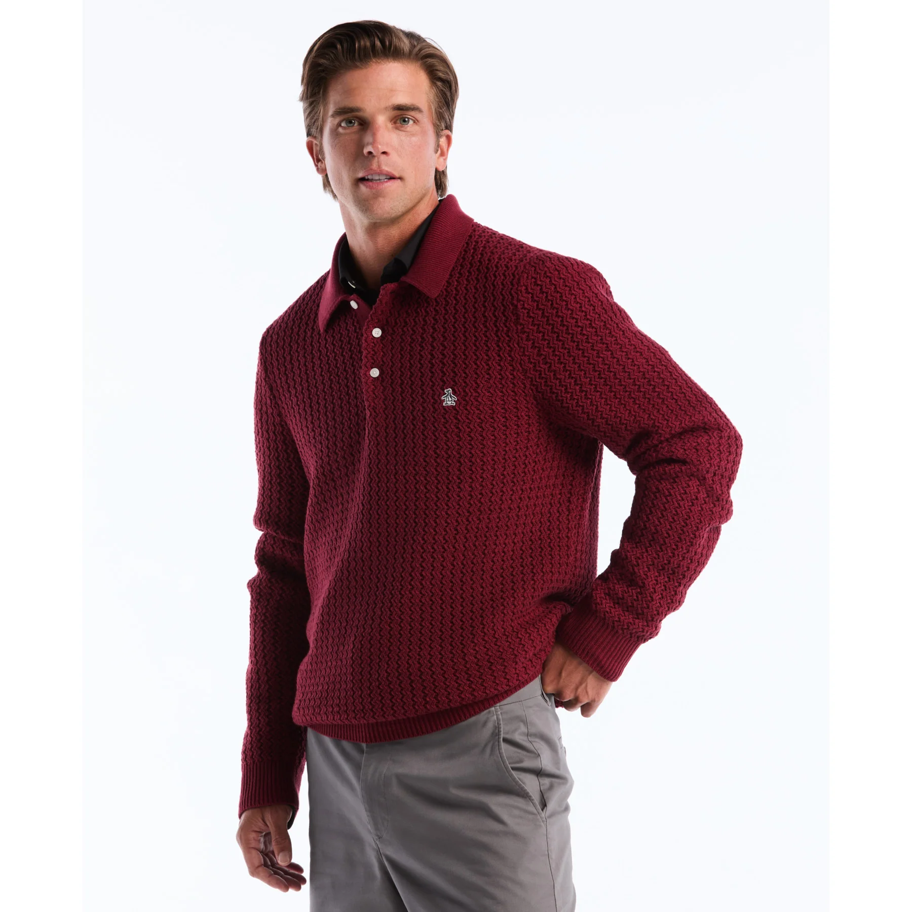 Zigzag Stitch Long Sleeve Sweater Polo In Cabernet