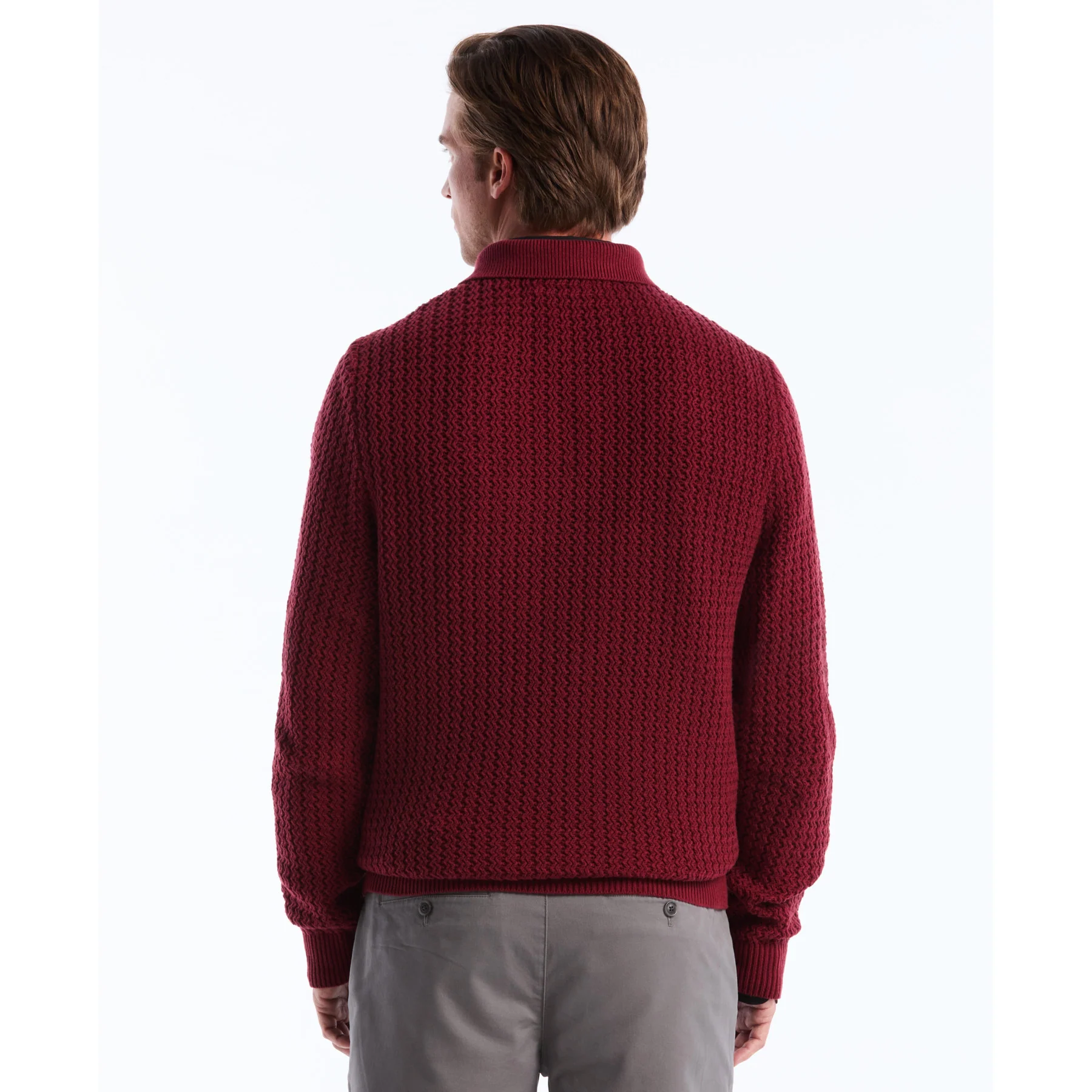 Zigzag Stitch Long Sleeve Sweater Polo In Cabernet - Image 2