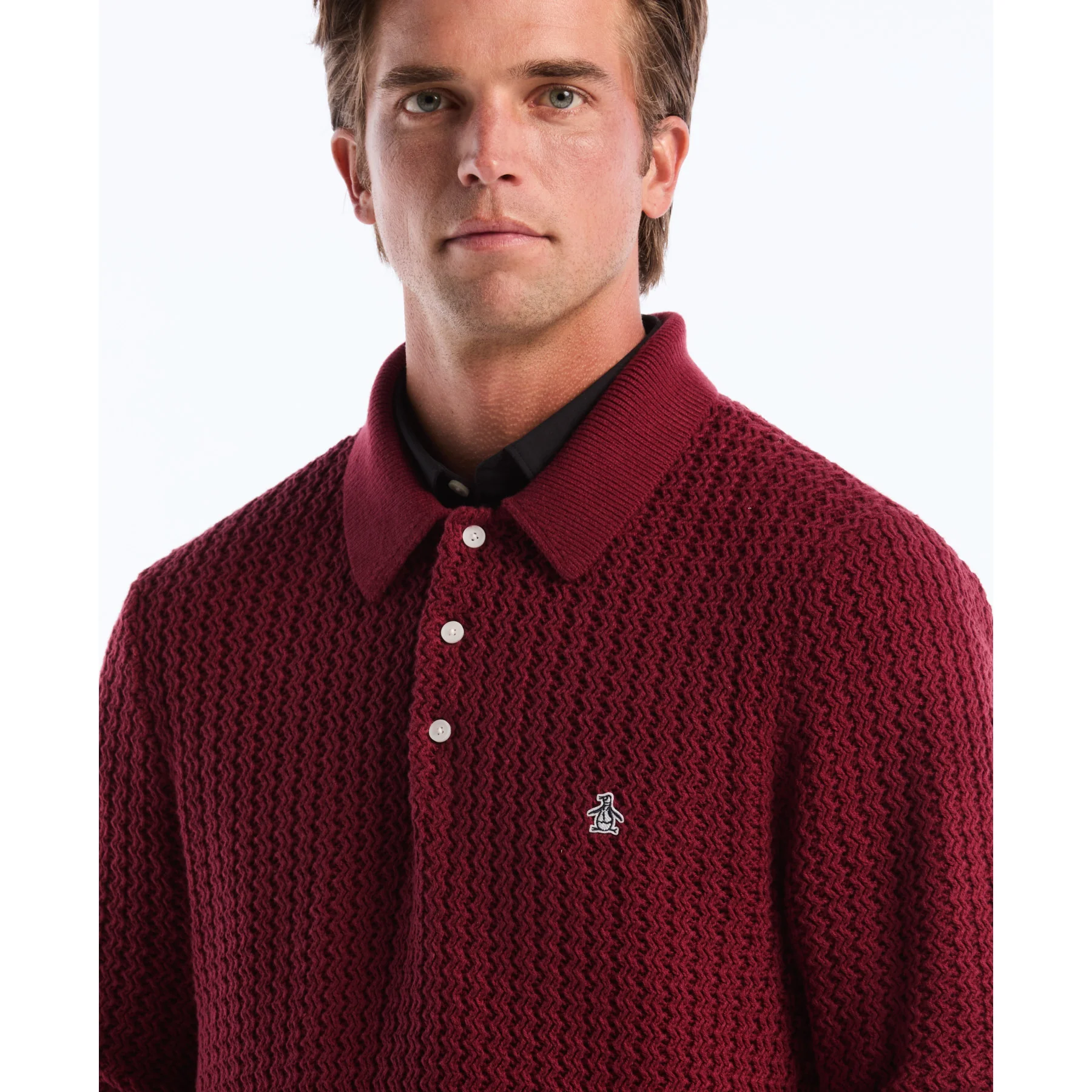 Zigzag Stitch Long Sleeve Sweater Polo In Cabernet - Image 3