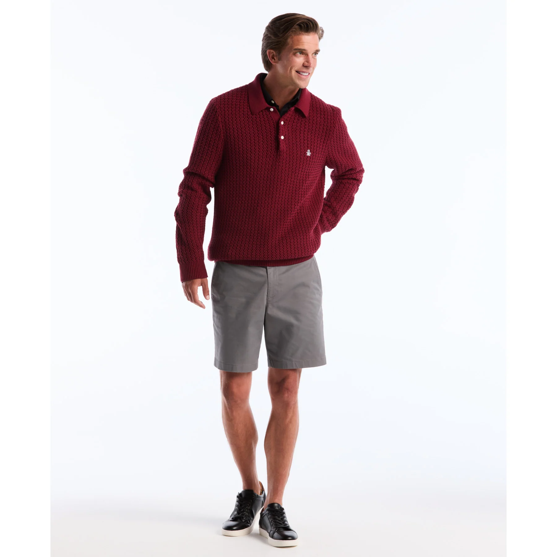 Zigzag Stitch Long Sleeve Sweater Polo In Cabernet - Image 4